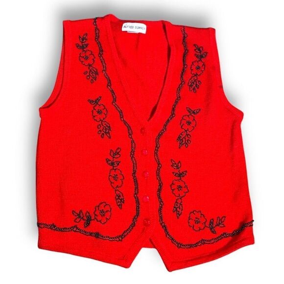 Vintage 90s Embroidered Sweater Vest Red Beaded Dark Floral Printed Knit Vneck - Picture 9 of 9